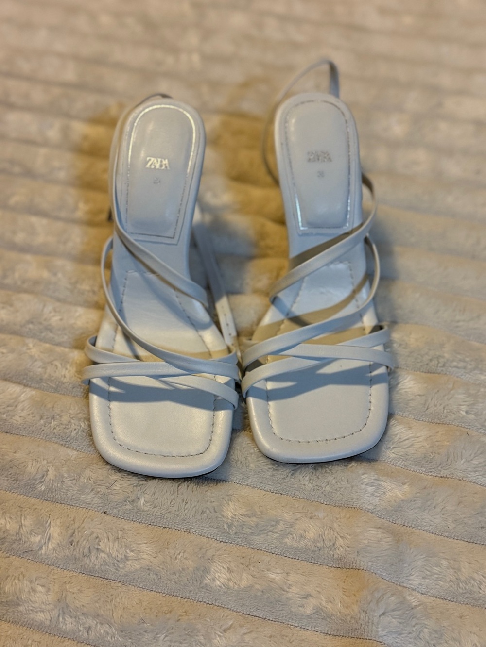 Zara White Strappy Square-Toe Heeled Sandals, New
